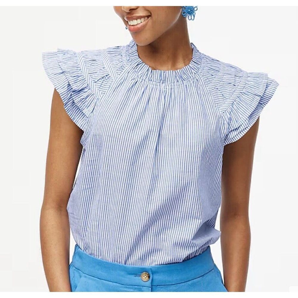 J.CREW Top Women Small Blue Striped Flutter Sleeve Blouse 100% Cotton CA403